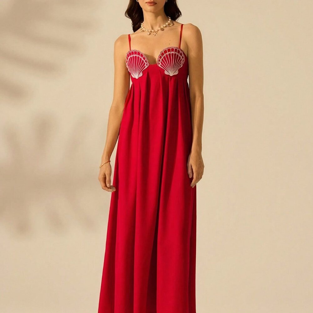 Red Casual A-Line Women's Seashell Embroidery Beach Party Sun Dress - Picture 7 of 7